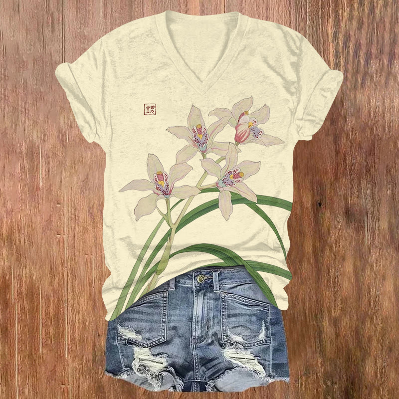 Japanese Classical White Orchid Print Short Sleeved V-neck T-shirt - Apricot - US32-34(5XL) - image 2