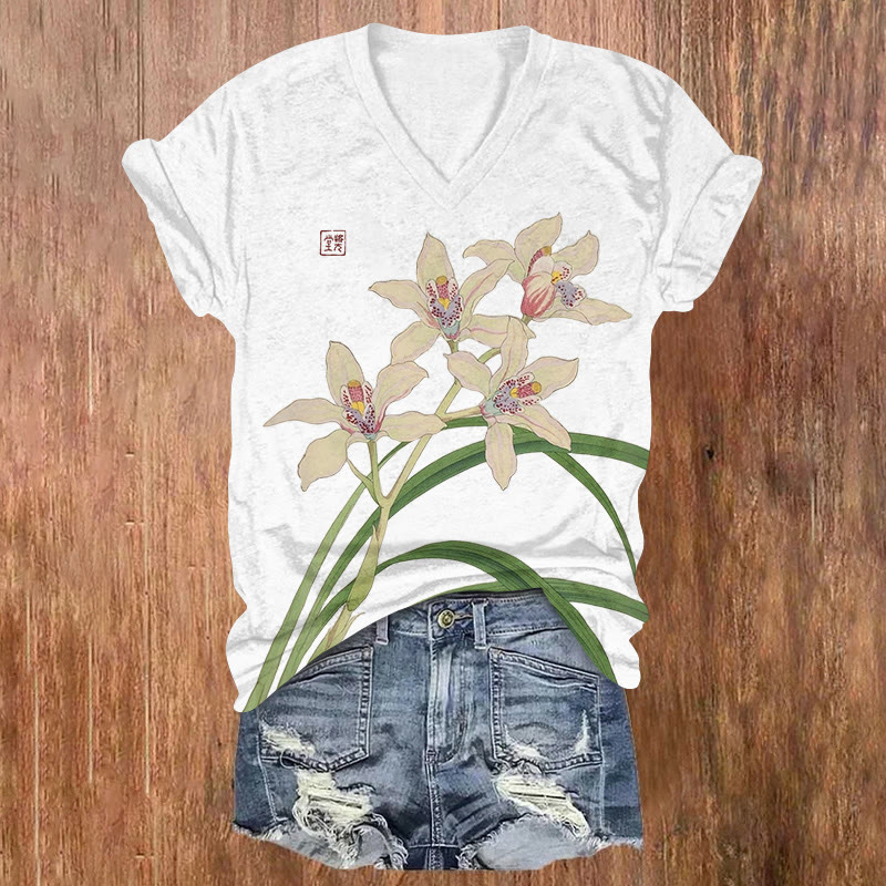 Japanese Classical White Orchid Print Short Sleeved V-neck T-shirt - White - US32-34(5XL) - image 1