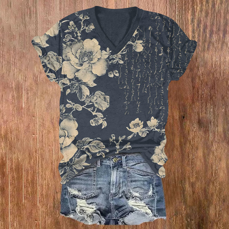 Japanese Classic Floral Woodblock Print Short Sleeved V-neck T-shirt - Blue - US32-34(5XL) - image 1
