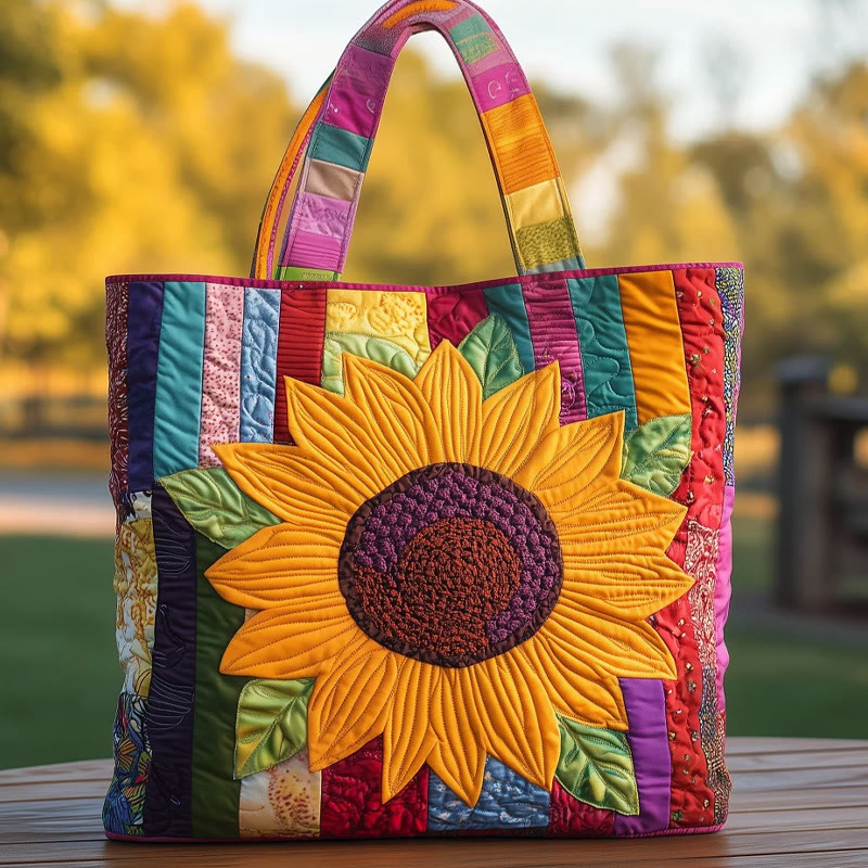 Hippie Colorful Striped Sunflower Pattern Print Quilted Tote Bag - Multicolor - one size - image 1