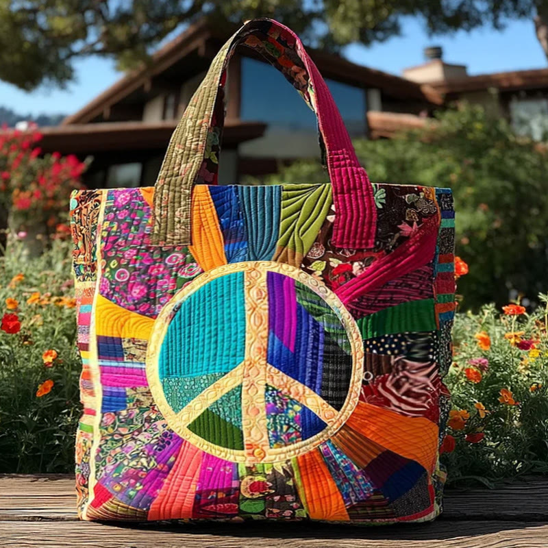 Hippie Colorful Striped Peace Sign Pattern Print Quilted Tote Bag - Multicolor - one size - image 1