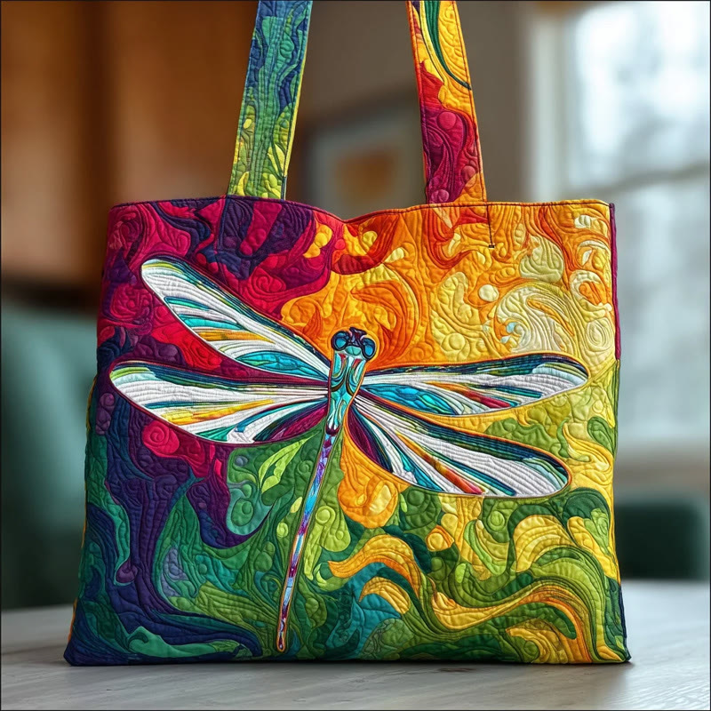 Hippie Colorful Curved Dragonfly Pattern Print Quilted Tote Bag - Multicolor - one size - image 1