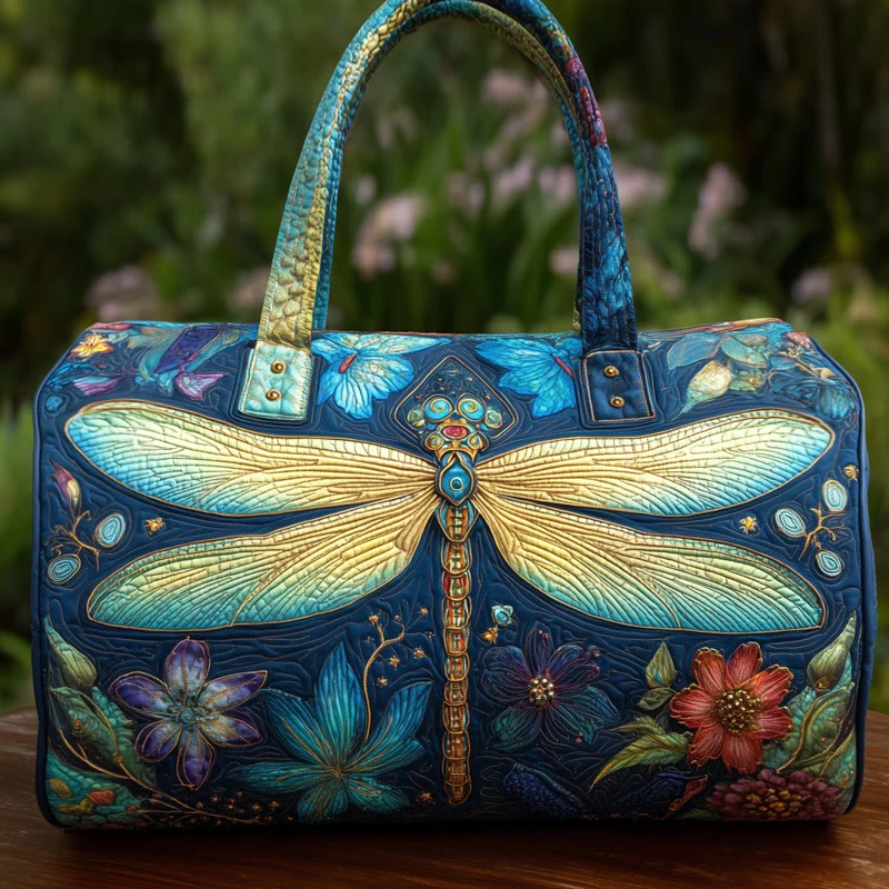 Hippie Spiritual Dragonfly Flowers Pattern Print Quilted Duffle Bag - Blue - one size - image 1