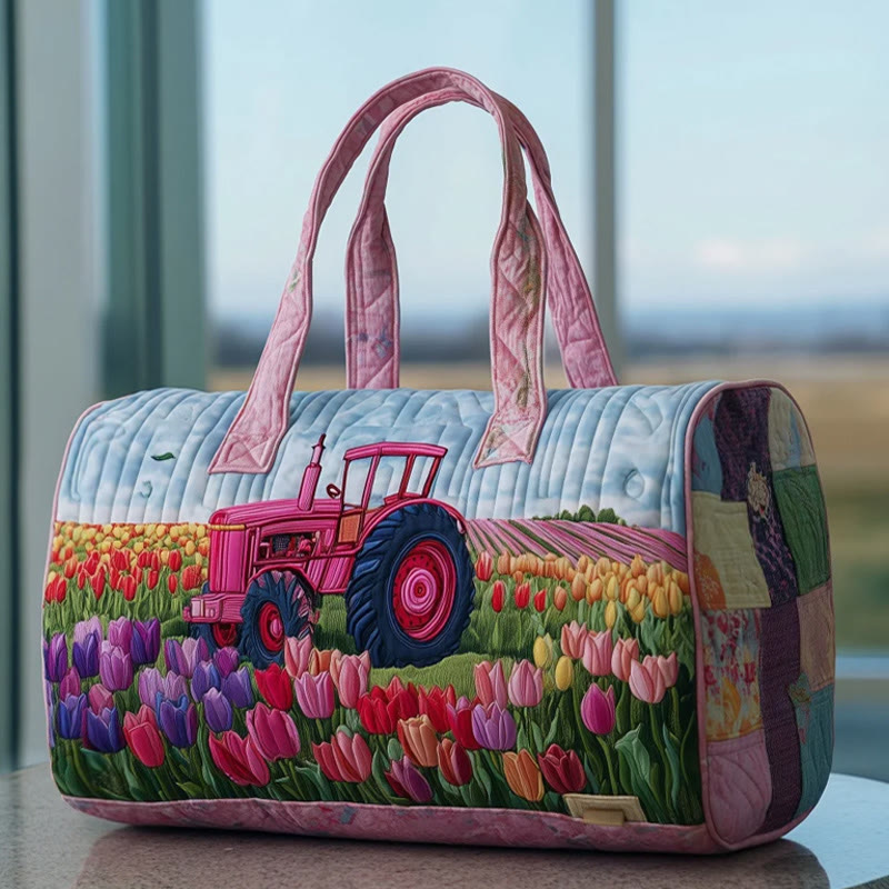 Elegant Tulip Patchwork Pattern Print Quilted Duffle Bag - Pink - one size - image 1
