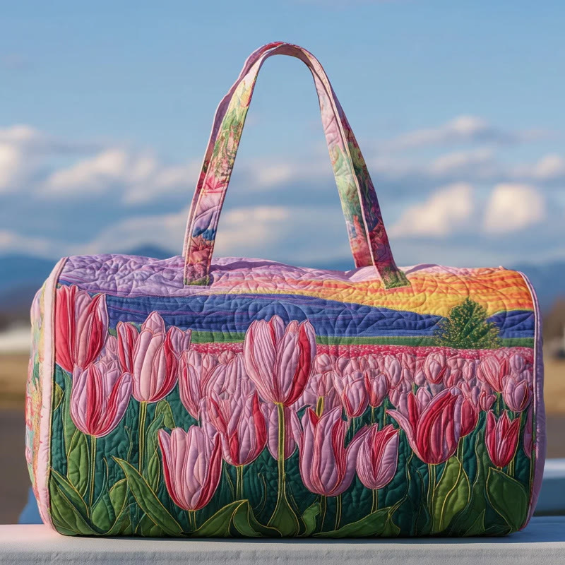 Elegant Tulip Pattern Print Quilted Duffle Bag - Pink - one size - image 1