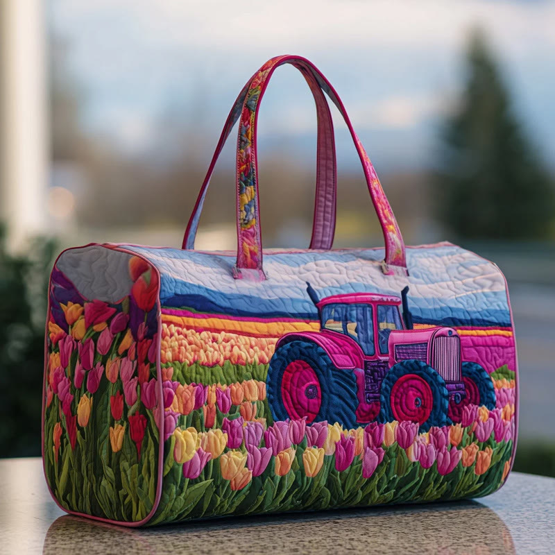 Elegant Tulip Fields Pattern Print Quilted Duffle Bag - Pink - one size - image 1