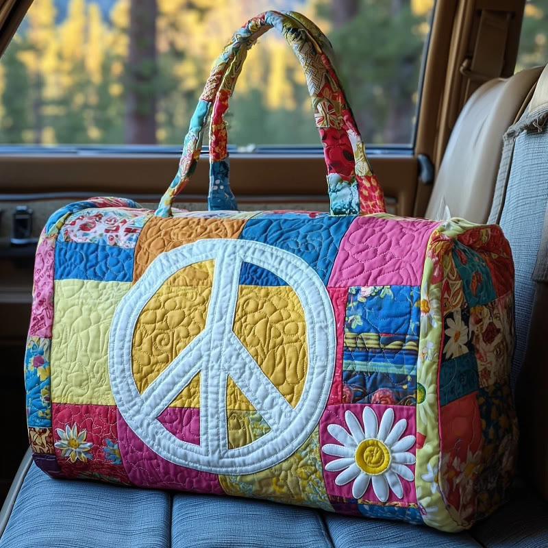 Hippie Peace Daisy Patchwork Pattern Print Quilted Duffle Bag - Multicolor - one size - image 1