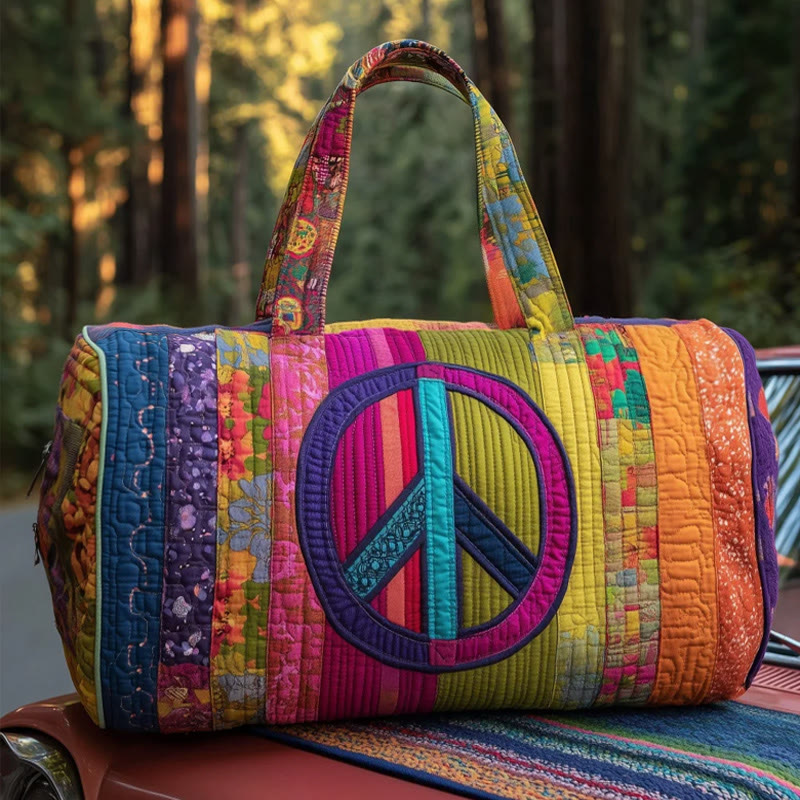 Hippie Peace Color Stripe Patchwork Pattern Print Quilted Duffle Bag - Multicolor - one size - image 1