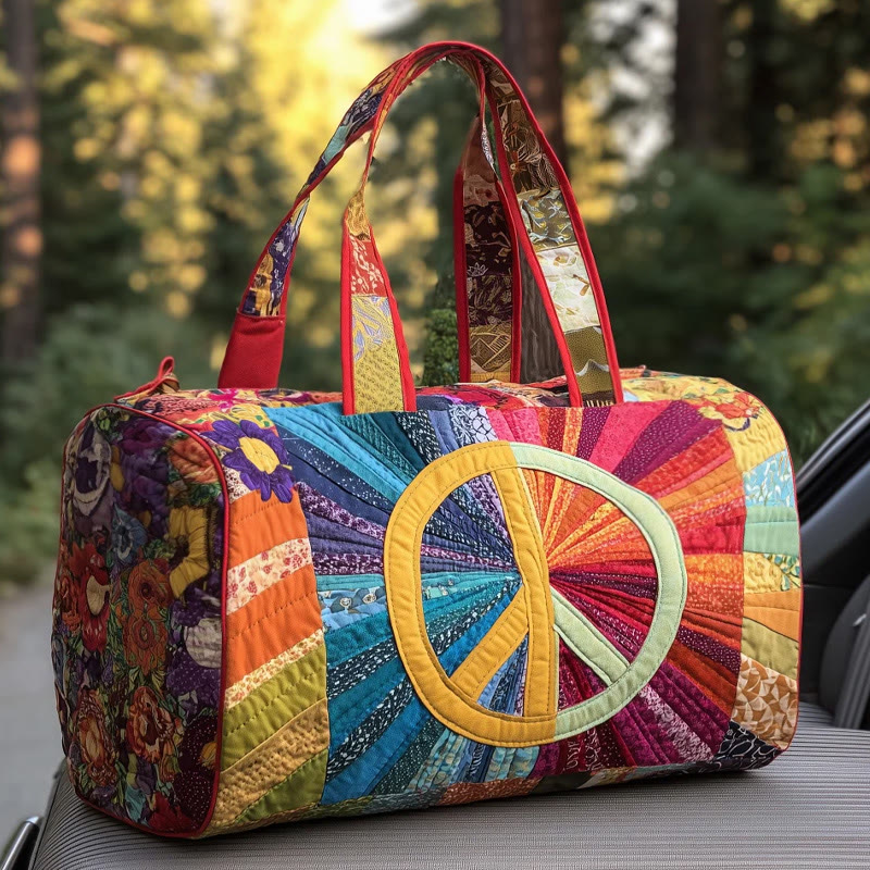 Hippie Peace Color Patchwork Pattern Print Quilted Duffle Bag - Multicolor - one size - image 1