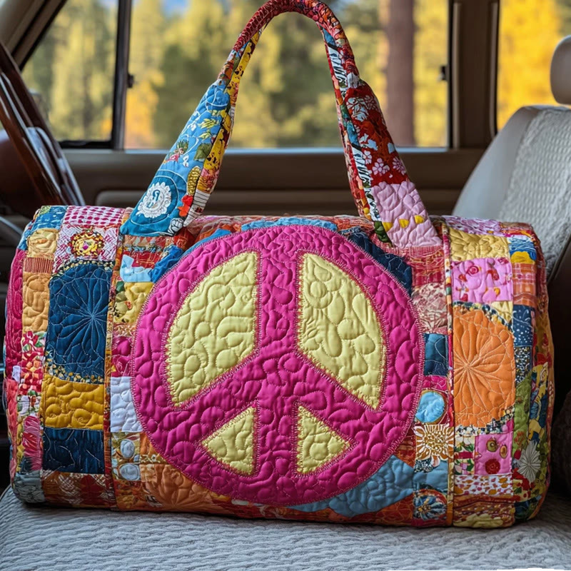 Hippie Peace Sign Plaid Pattern Print Quilted Duffle Bag - Multicolor - one size - image 1