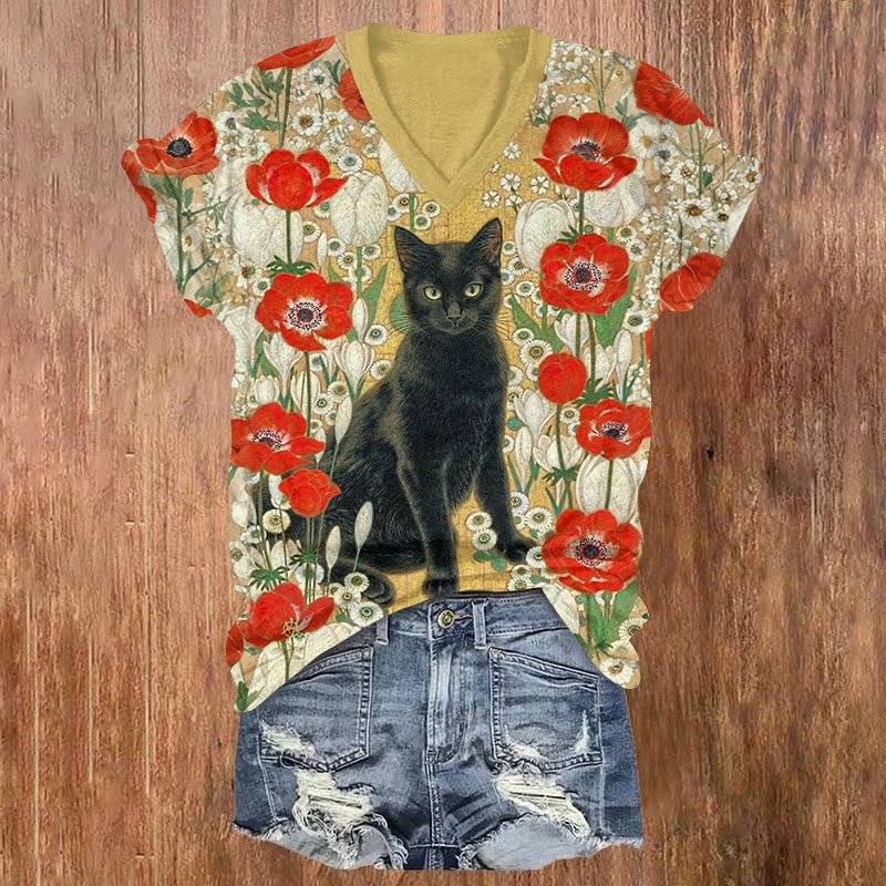 Garden And Black Cat Artwork Print Short Sleeved V-neck T-shirt - Multicolor - US32-34(5XL) - image 1
