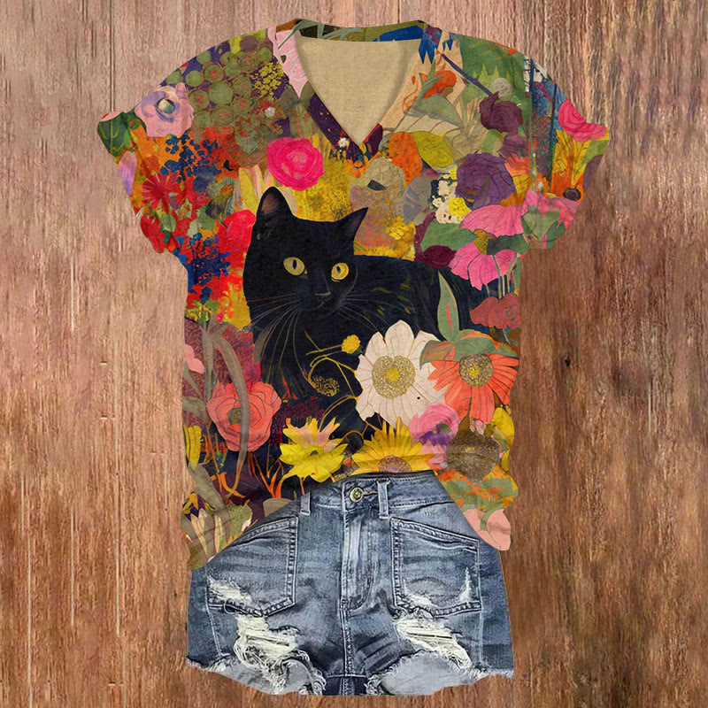 Garden Flowers And Black Cat Print Short Sleeved V-neck T-shirt - Multicolor - US32-34(5XL) - image 1