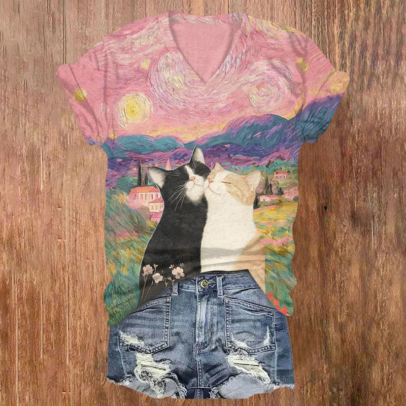 Garden Cats Friends Oil Painting Print Short Sleeved V-neck T-shirt - Pink - US32-34(5XL) - image 1