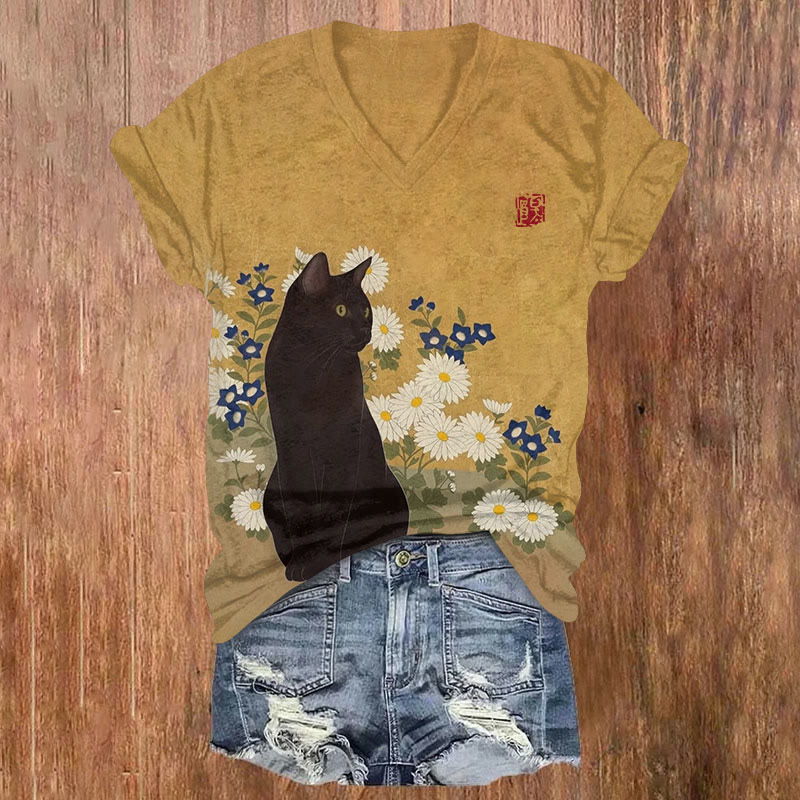 Ukiyo-e Garden Black Cat And Chrysanthemum Print Short Sleeved V-neck T-shirt - Yellow - US32-34(5XL) - image 1