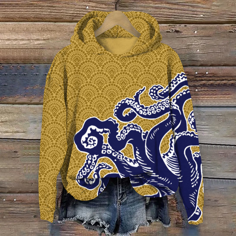 Unisex Ocean Fantasy Octopus Tentacles Pattern Print Long Sleeved Hoodie - Yellow - US44-46(8XL) - image 2