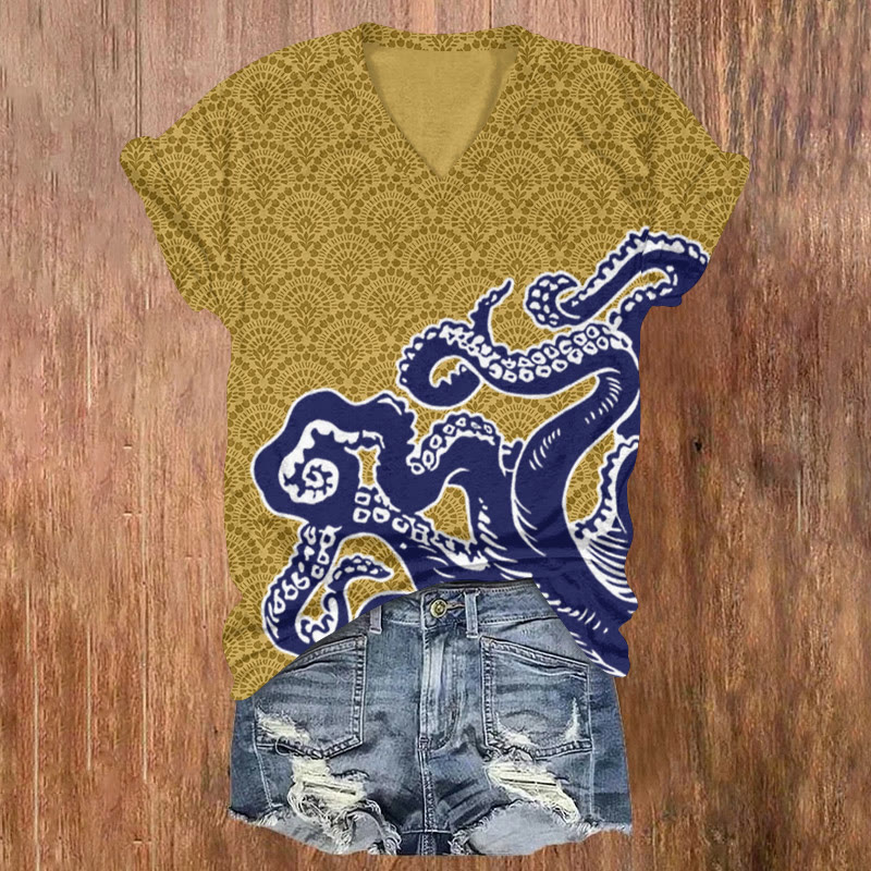 Unisex Ocean Fantasy Octopus Tentacles Pattern Print Short Sleeved V-neck T-shirt - Yellow - US32-34(5XL) - image 2