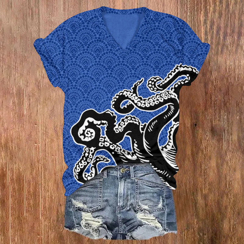 Unisex Ocean Fantasy Octopus Tentacles Pattern Print Short Sleeved V-neck T-shirt - Blue - US32-34(5XL) - image 1