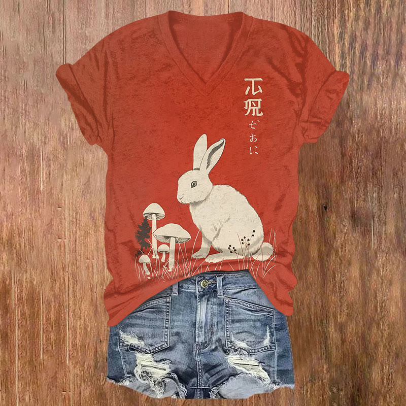 Japanese Retro Ukiyo-e Rabbit Print Short Sleeved V-neck T-shirt - Red - US32-34(5XL) - image 2