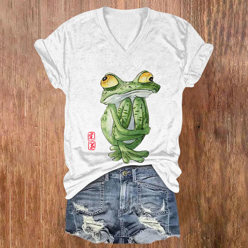 Japanese Funny Poor Frog Print Short Sleeved V-neck T-shirt - White - US32-34(5XL) - image 1