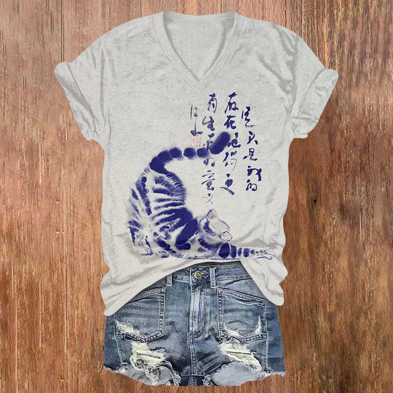 Japanese Ink Painting Style Lazy Cat Print Short Sleeved V-neck T-shirt - Blue - US32-34(5XL) - image 2