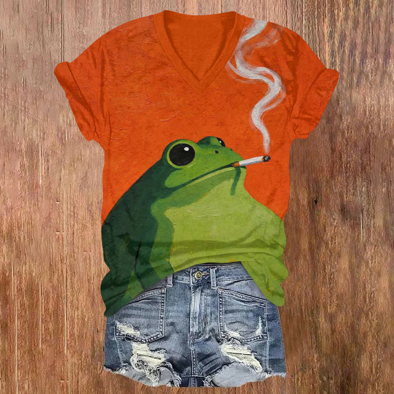 Japanese Ukiyo-e Print Of A Smoking Frog Print Short Sleeved V-neck T-shirt - Red - US32-34(5XL) - image 1