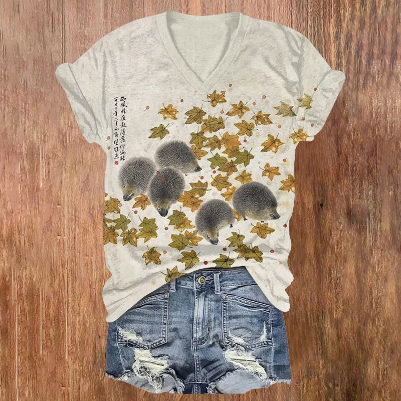 Cute Japanese Hedgehogs And Fallen Leaves Print Short Sleeved V-neck T-shirt - Apricot - US32-34(5XL) - image 1