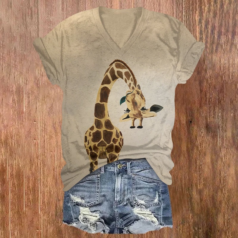 Funny A Giraffe With Its Neck Bent Print Short Sleeved V-neck T-shirt - Apricot - US32-34(5XL) - image 1