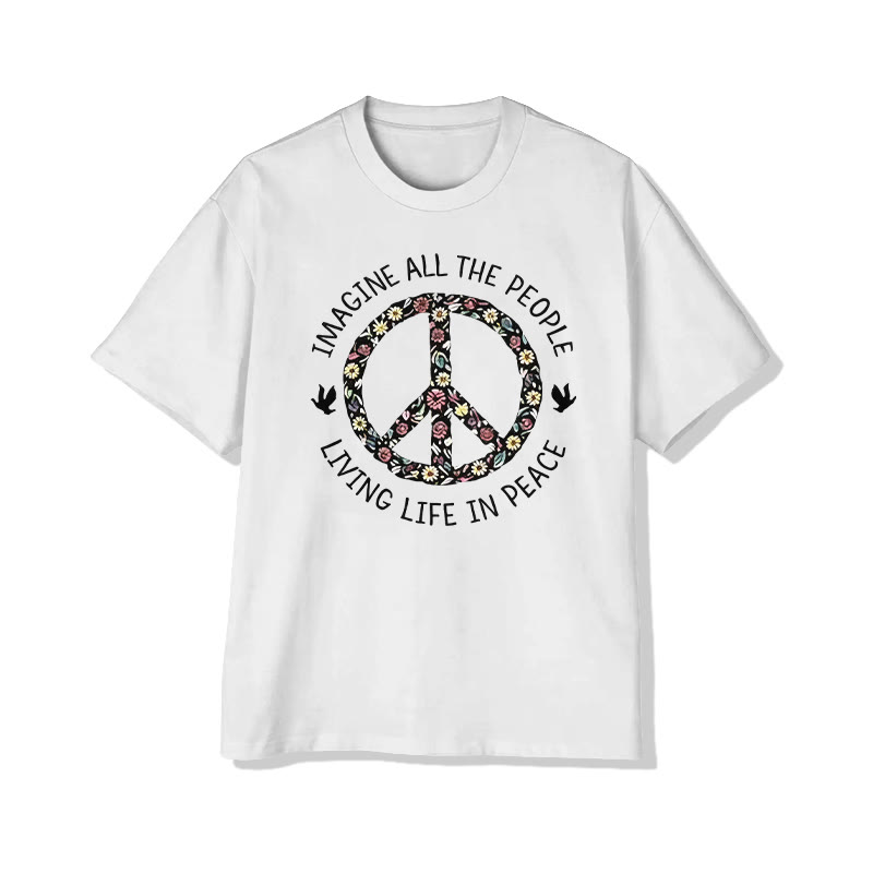 Unisex Imagine All The People Living Life In Peace Pattern Cotton Print T-shirt - White - US20-22(3XL) - image 2