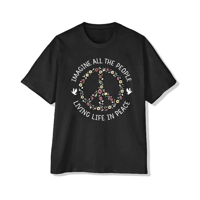 Unisex Imagine All The People Living Life In Peace Pattern Cotton Print T-shirt - Black - US20-22(3XL) - image 3