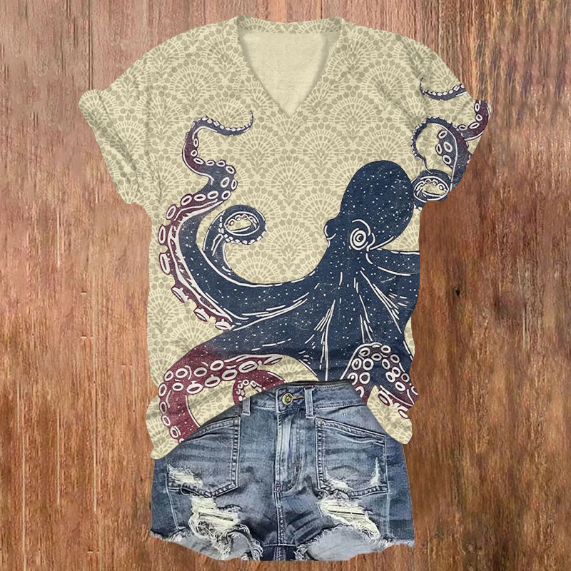 Japanese Octopus Geometry Print Short Sleeved V-neck T-shirt - Apricot - US32-34(5XL) - image 2