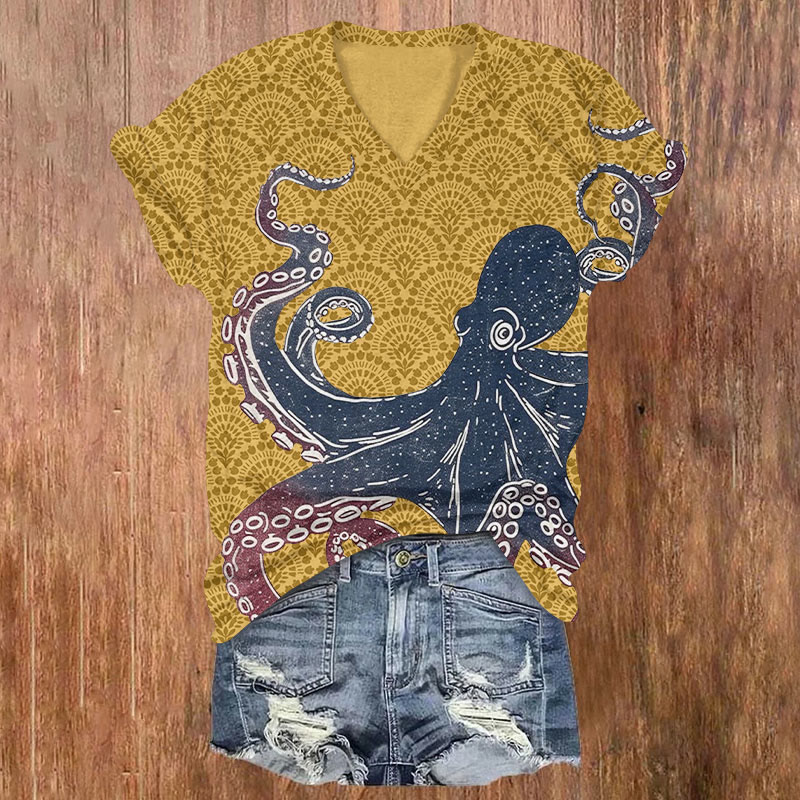 Japanese Octopus Geometry Print Short Sleeved V-neck T-shirt - Yellow - US32-34(5XL) - image 1