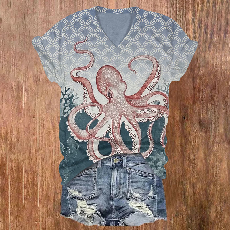 Japanese Watercolor Gradient Octopus Geometry Print Short Sleeved V-neck T-shirt - Blue - US32-34(5XL) - image 1