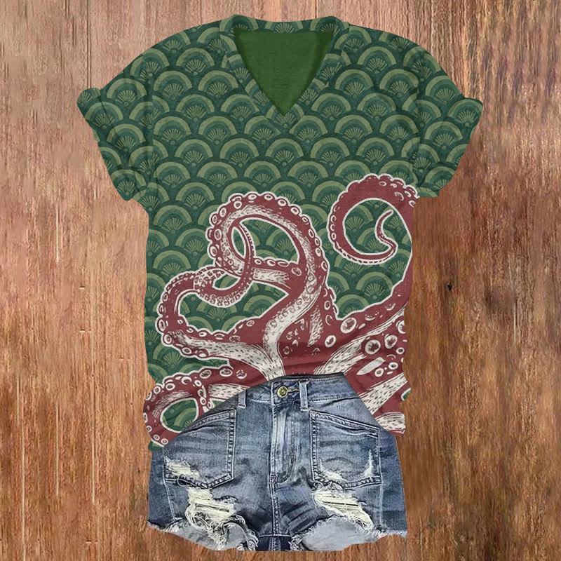 Japanese Watercolor Octopus Geometry Print Short Sleeved V-neck T-shirt - Green - US32-34(5XL) - image 2
