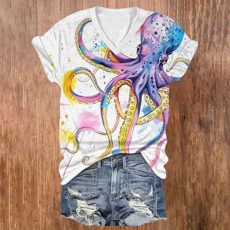 Japanese Watercolor Octopus Print Short Sleeved V-neck T-shirt - White - US32-34(5XL) - image 1