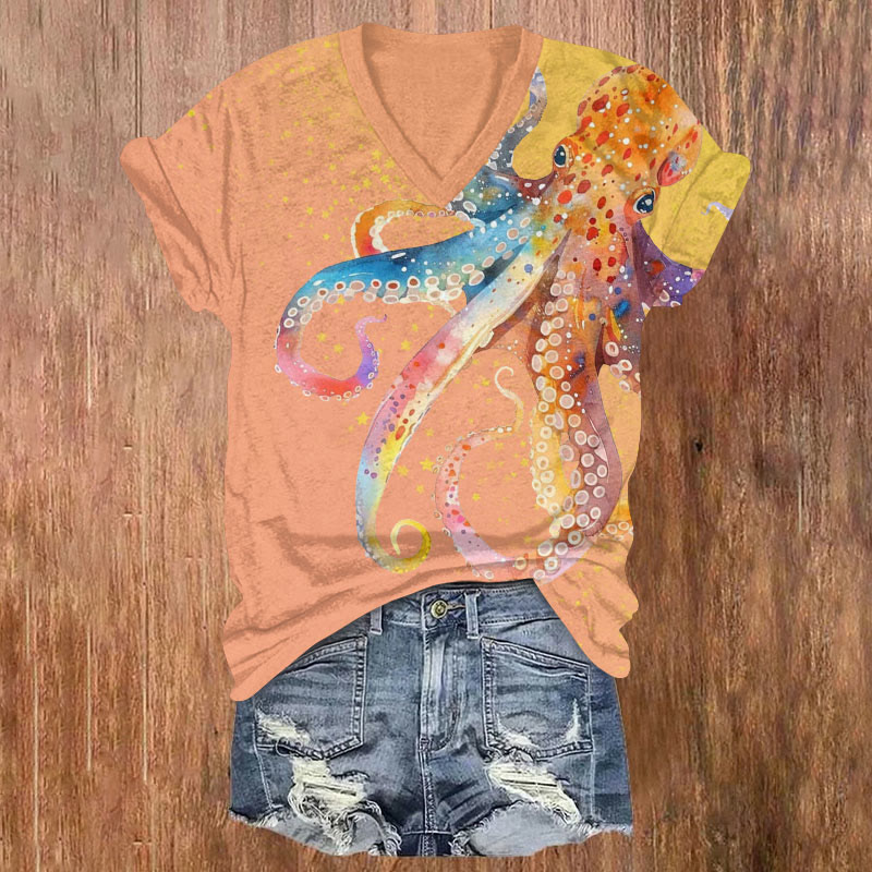 Japanese Watercolor Gradient Octopus Print Short Sleeved V-neck T-shirt - Orange - US32-34(5XL) - image 2