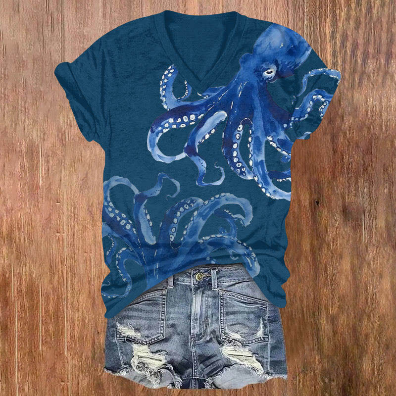 Japanese Watercolor Mini Octopus Print Short Sleeved V-neck T-shirt - Blue - US32-34(5XL) - image 1