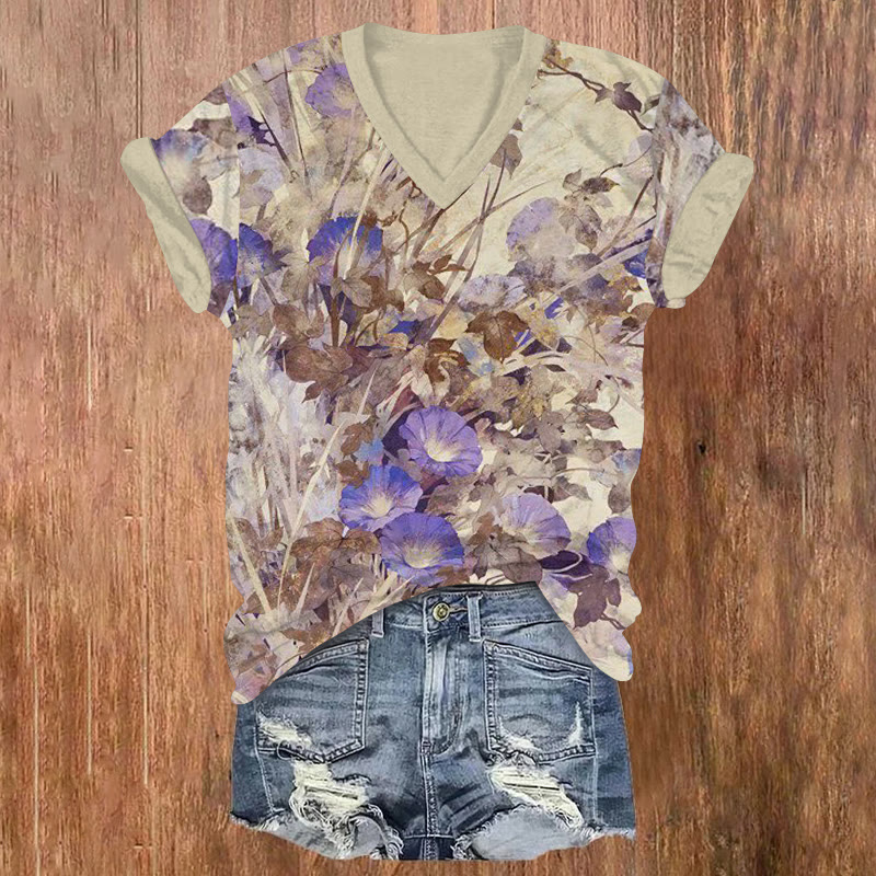 Japanese Morning Glory Rock Art Pattern Print Short Sleeved V-neck T-shirt - Apricot - US32-34(5XL) - image 1