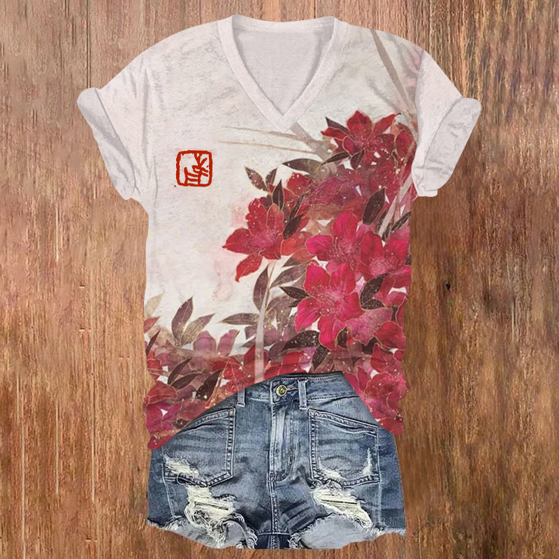 Japanese Elegant Lily Rock Art Pattern Print Short Sleeved V-neck T-shirt - Red - US32-34(5XL) - image 1