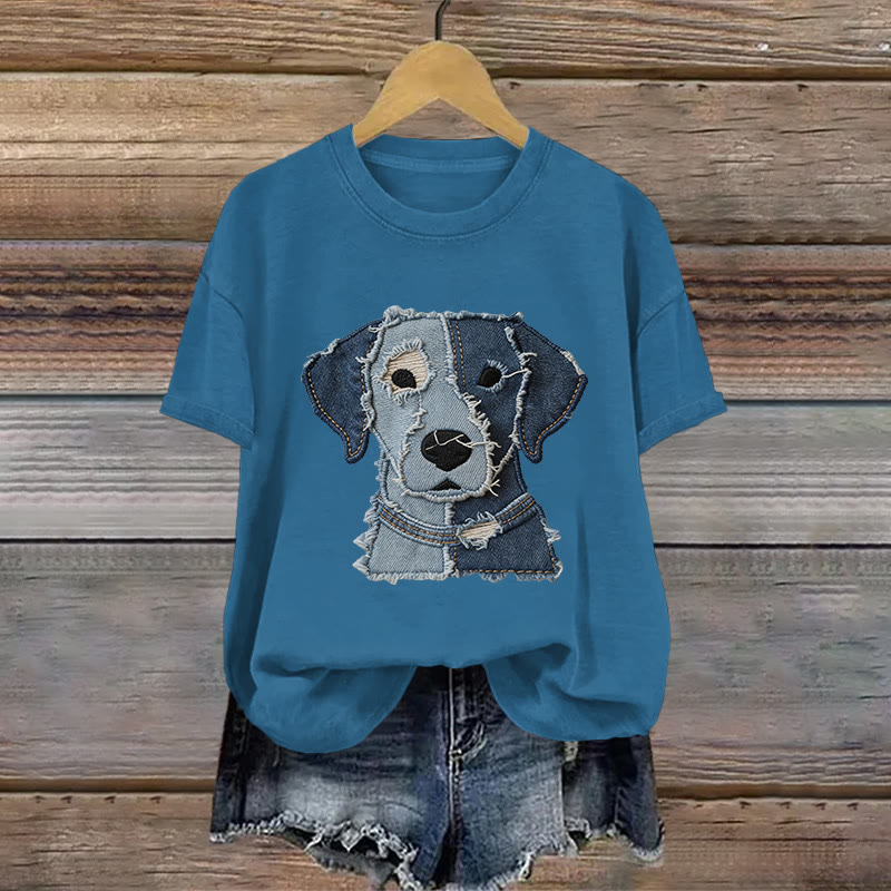 Vintage Puppy Irregular Geometric Art Pattern Print Short Sleeved Round Neck Cotton T-shirt - Blue - US28-30(4XL) - image 2