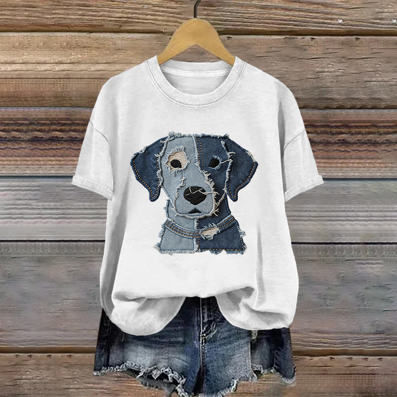 Vintage Puppy Irregular Geometric Art Pattern Print Short Sleeved Round Neck Cotton T-shirt - White - US28-30(4XL) - image 1