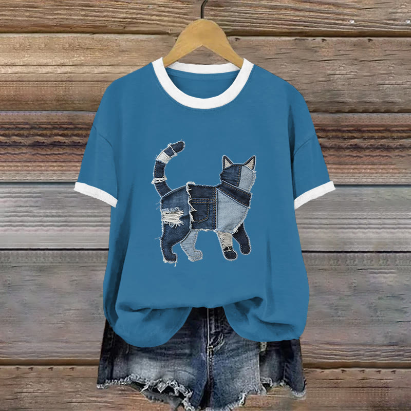 Vintage Color-blocked Cat Art Pattern Print Short Sleeved Round Neck Cotton T-shirt - Blue - US28-30(4XL) - image 2