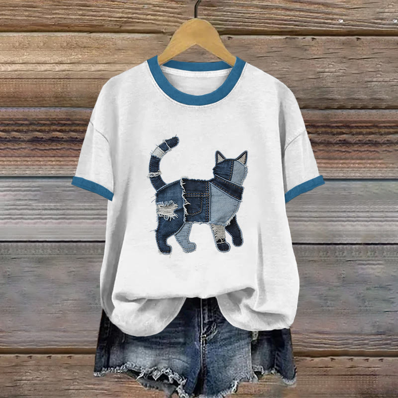 Vintage Color-blocked Cat Art Pattern Print Short Sleeved Round Neck Cotton T-shirt - White - US28-30(4XL) - image 1