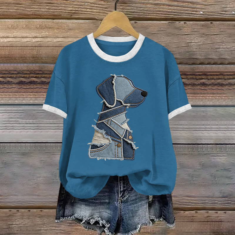 Vintage Abstract Geometric Dog Color Blocking Art Pattern Print Short Sleeved Round Neck Cotton T-shirt - Blue - US28-30(4XL) - image 2