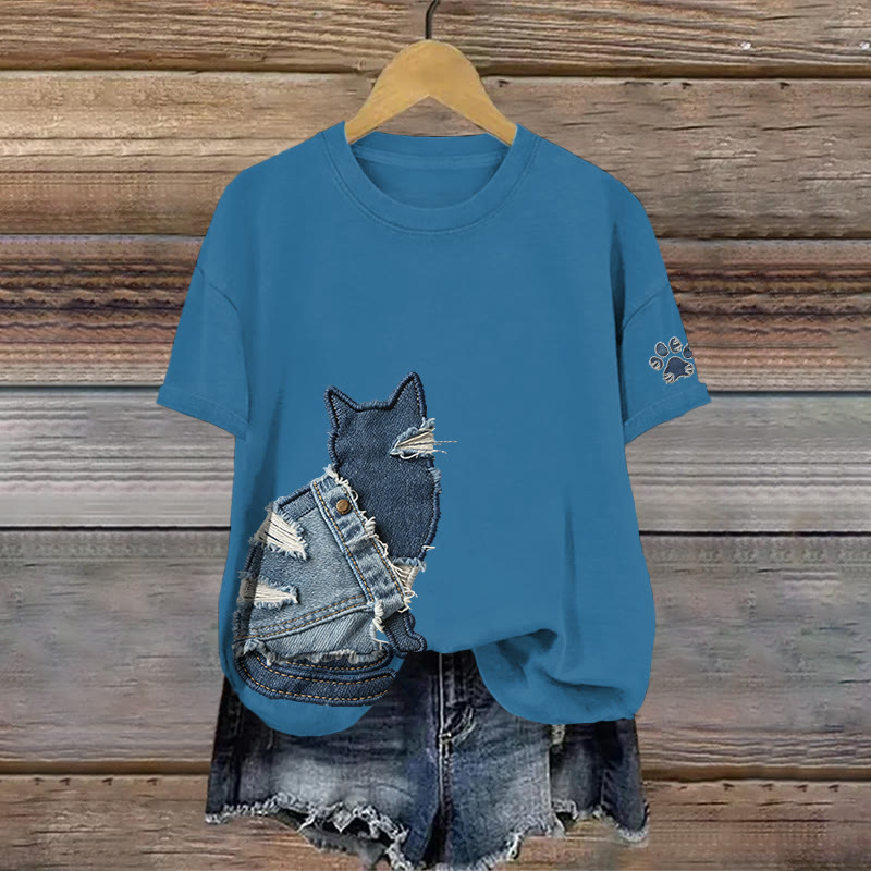 Vintage Abstract Geometric Cat And Paw Art Pattern Print Short Sleeved Round Neck Cotton T-shirt - Blue - US28-30(4XL) - image 2