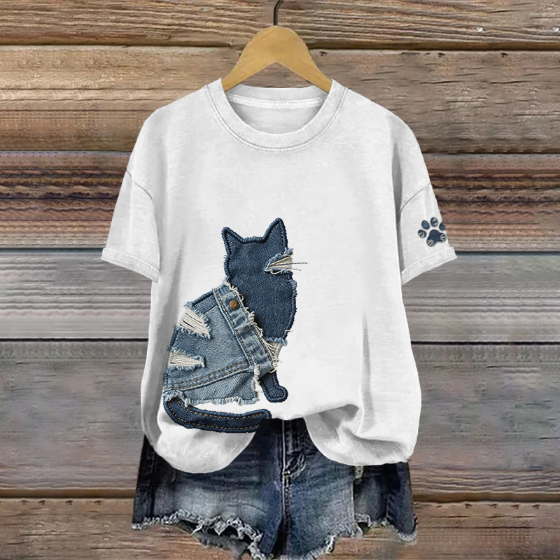 Vintage Abstract Geometric Cat And Paw Art Pattern Print Short Sleeved Round Neck Cotton T-shirt - White - US28-30(4XL) - image 1