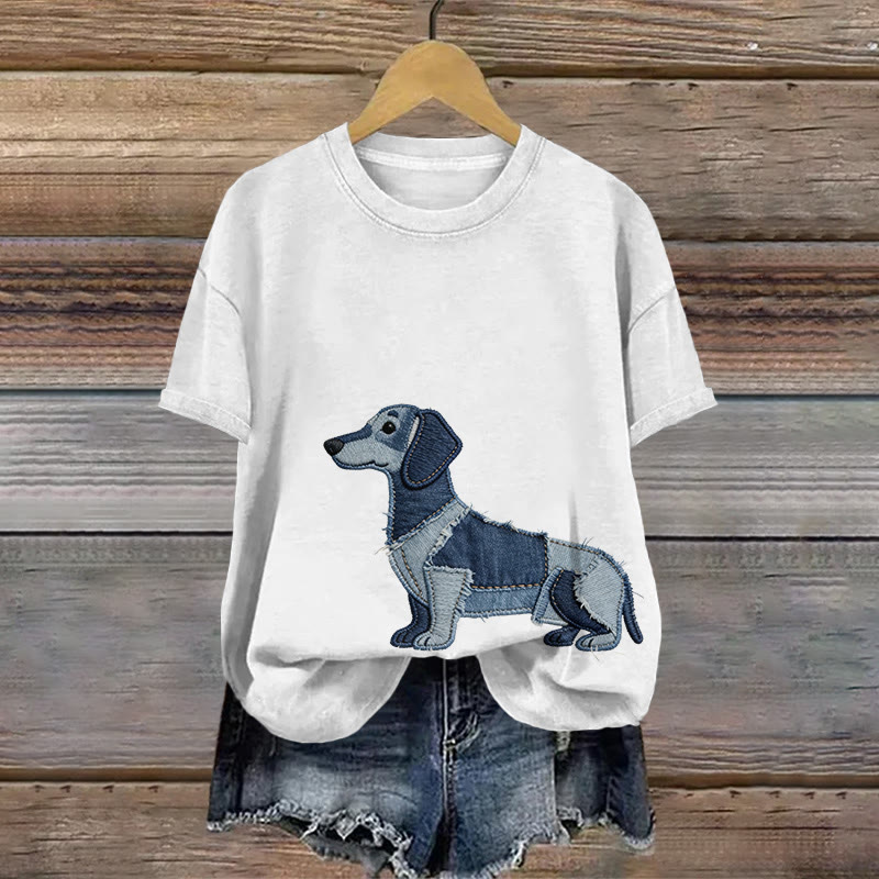 Vintage Dachshund Art Pattern Print Short Sleeved Round Neck Cotton T-shirt - White - US28-30(4XL) - image 1