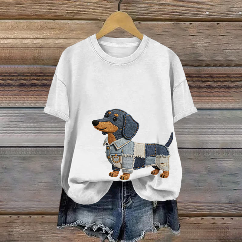 Vintage Cute Dachshund Art Pattern Print Short Sleeved Round Neck Cotton T-shirt - White - US28-30(4XL) - image 1