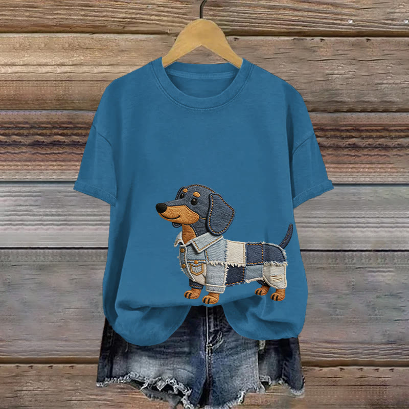 Vintage Cute Dachshund Art Pattern Print Short Sleeved Round Neck Cotton T-shirt - Blue - US28-30(4XL) - image 2