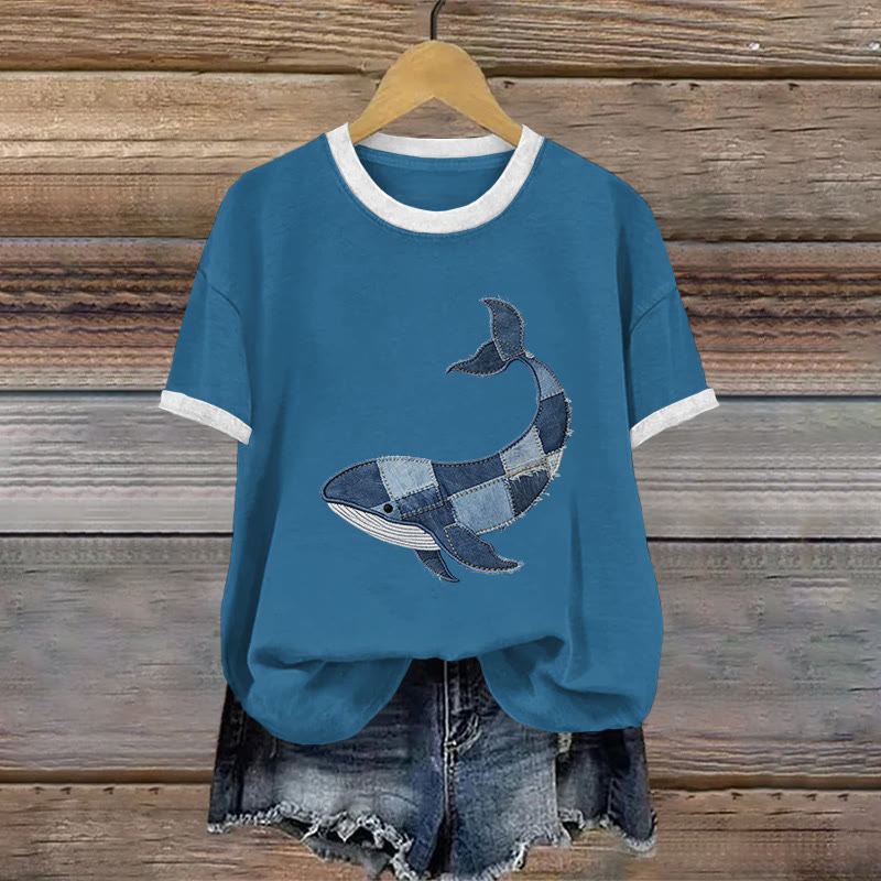 Vintage Ocean Whale Geometry Art Pattern Print Short Sleeved Round Neck Cotton T-shirt - Blue - US28-30(4XL) - image 2