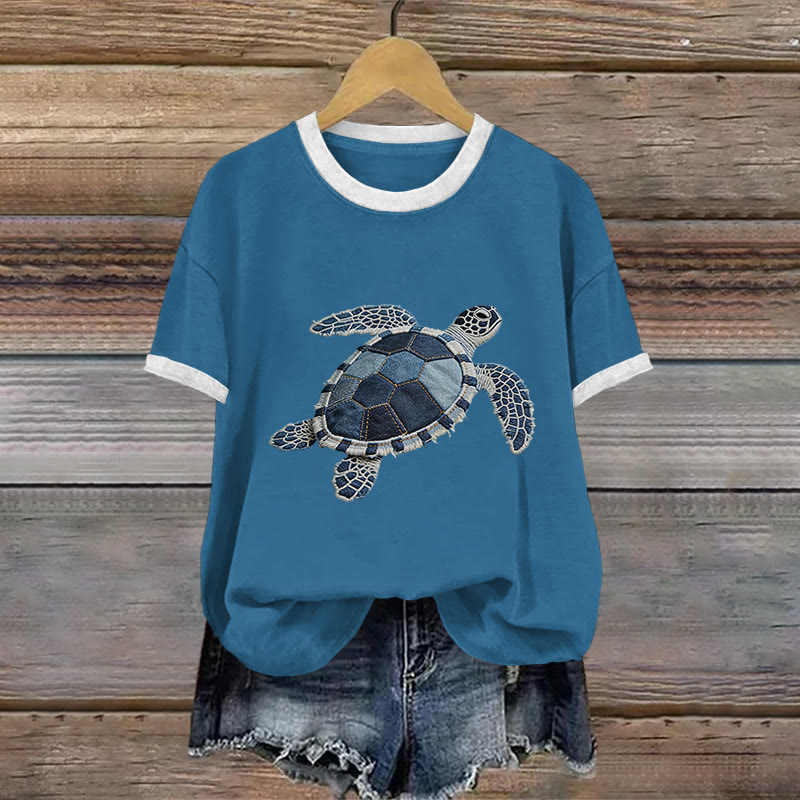 Vintage Ocean Turtle Geometry Art Pattern Print Short Sleeved Round Neck Cotton T-shirt - Blue - US28-30(4XL) - image 2